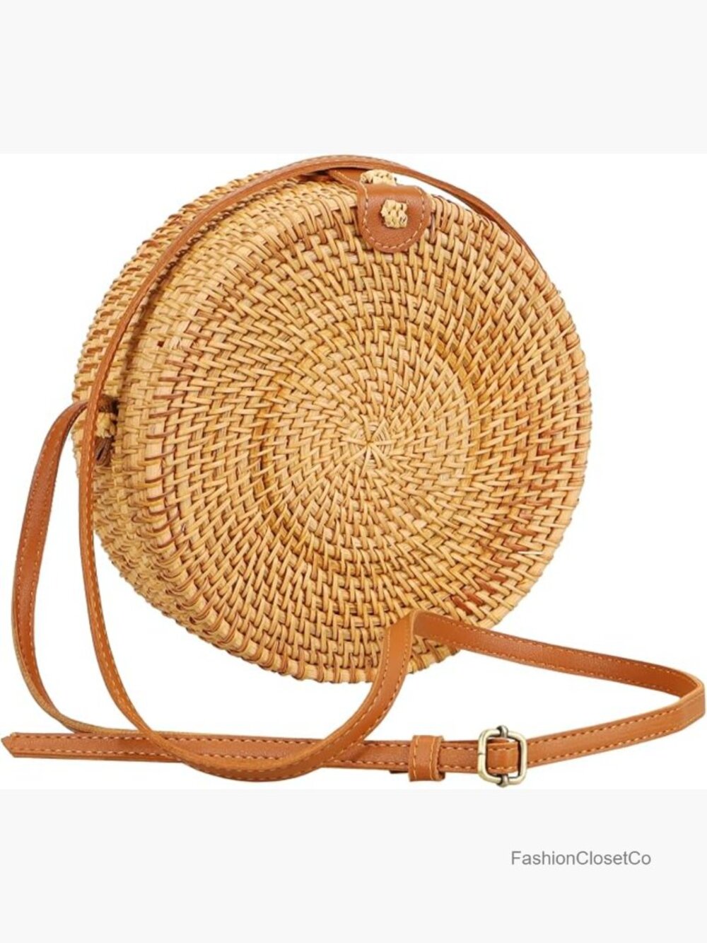 Handwoven Round Rattan Purse, Adjustable Leather Strap, Boho Straw Beach Bag